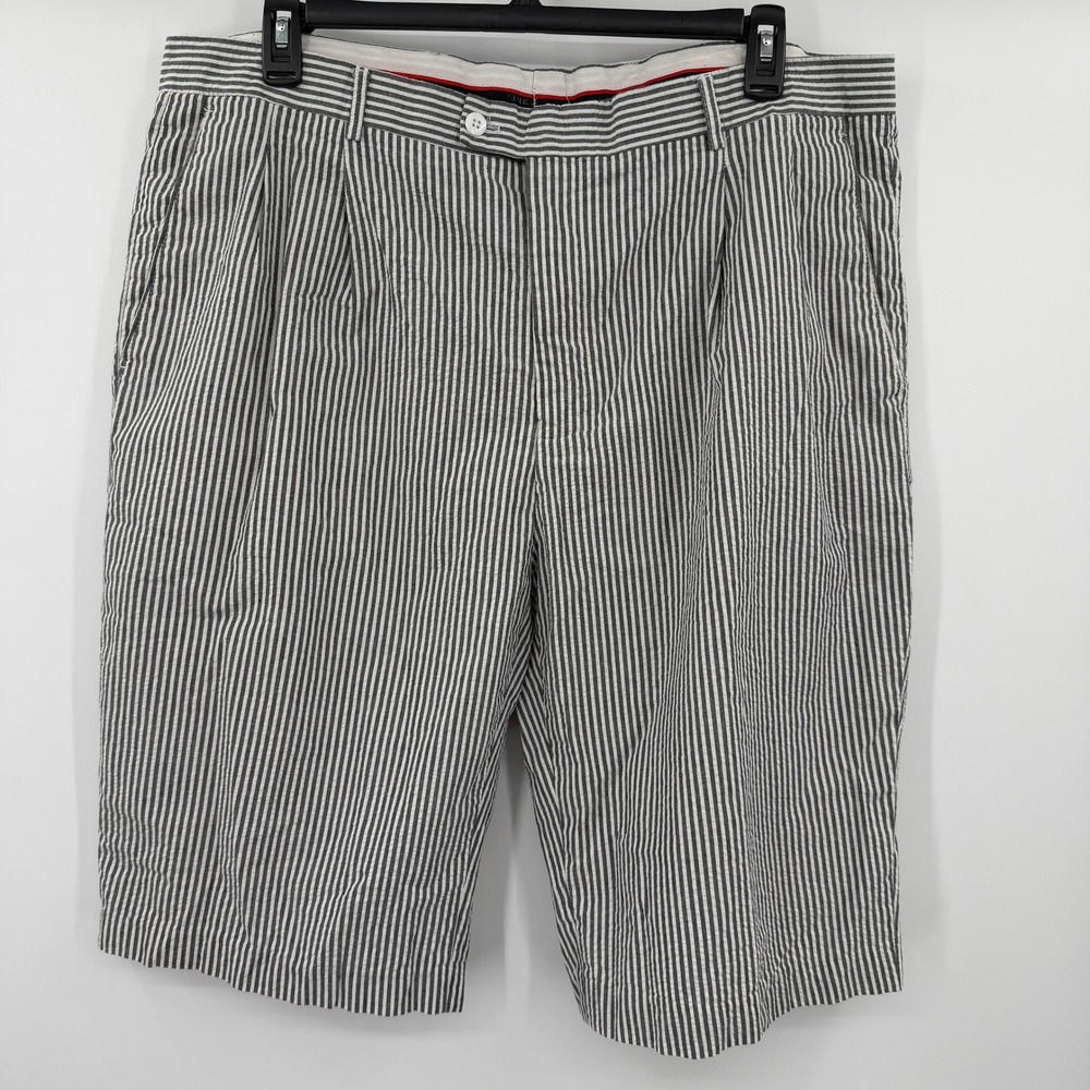 Linea Uomo Men 42 Seersucker Shorts Navy Blue White Striped Pleated Cotton Blend